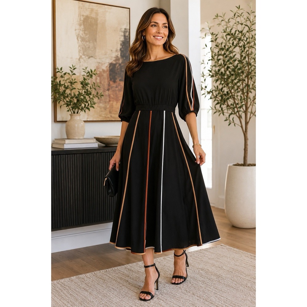 Beulah Style Black Midi Dress S Color‎ Lock Trim Boat Neck 3/4 Sleeve Zip